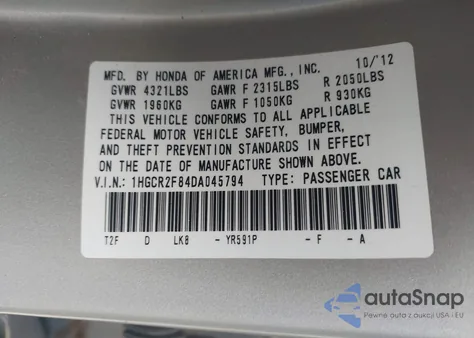 2013 Honda Accord Ex-L from USA, damaged, VIN 1HGCR2F84DA045794